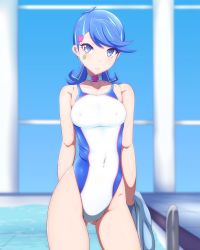 Rule 34 | 1girl, arms behind back, blue eyes, blue girl, blue hair, choker, competition swimsuit, cowboy shot, danpu, facial tattoo, highres, indoors, one-piece swimsuit, pool, pool ladder, short hair, solo, standing, swimsuit, tattoo, towel, white choker, white one-piece swimsuit, yu-gi-oh!, yu-gi-oh! vrains, yuu-gi-ou, yuu-gi-ou vrains, zaizen aoi