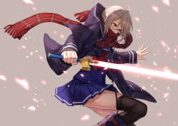 Rule 34 | 1girl, ahoge, artoria pendragon (all), artoria pendragon (fate), black-framed eyewear, black thighhighs, blonde hair, dark persona, excalibur (fate/stay night), fate/grand order, fate (series), from side, glasses, glowing, glowing sword, glowing weapon, heri (sniper579), highres, holding, holding sword, holding weapon, jacket, light particles, looking down, mysterious heroine x alter (fate), mysterious heroine x alter (first ascension) (fate), outstretched hand, plaid, plaid scarf, red scarf, saber (fate), scarf, scarf over mouth, school uniform, semi-rimless eyewear, simple background, solo, sword, thighhighs, under-rim eyewear, weapon, yellow eyes, zettai ryouiki