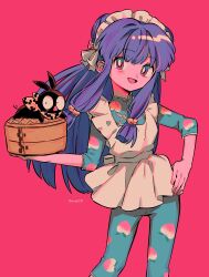 Rule 34 | 1girl, animal, artist name, bandana, breasts, chinese clothes, hair ornament, highres, menma (enaic31), open mouth, p-chan, pig, purple hair, ranma 1/2, red background, red eyes, shampoo (ranma 1/2), simple background, small breasts, standing, twitter username, yellow bandana