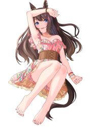 Rule 34 | 1girl, arm support, armpits, bare legs, barefoot, bloomers, blue eyes, blue nails, blush, bracelet, breasts, brown hair, collarbone, commentary, dress, ear piercing, feet, frilled dress, frills, full body, highres, horse girl, horse tail, jewelry, knees together feet apart, legs, long hair, looking at viewer, medium breasts, multicolored clothes, multicolored dress, nail polish, necklace, open mouth, philo 324, piercing, pink dress, pink nails, print dress, simple background, single bare shoulder, solo, spread toes, symbol-only commentary, tail, toenail polish, toenails, toes, tosen jordan (aurore vacances) (umamusume), tosen jordan (umamusume), umamusume, underwear, white background