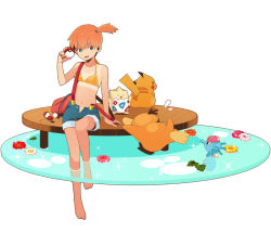 Rule 34 | 1girl, adapted costume, bad id, bad pixiv id, bare arms, bare legs, bare shoulders, barefoot, bikini, bikini top only, creatures (company), denim, denim shorts, eye contact, faux figurine, feet, flat chest, flower, game freak, gen 1 pokemon, gen 2 pokemon, green eyes, gym leader, holding, holding poke ball, horsea, looking at another, misty (pokemon), nekoniko, nintendo, no nose, open fly, orange hair, pikachu, poke ball, pokemon, pokemon (anime), pokemon (classic anime), pokemon (creature), psyduck, shirt tan, short hair, shorts, shorts tan, side ponytail, simple background, sitting, soaking feet, sparkle, suspenders, swimsuit, tan, tanline, togepi, unzipped, water, white background