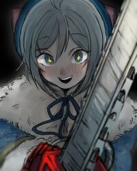 Rule 34 | + +, .live, 1girl, antenna hair, beret, blue coat, blue eyes, blue hat, blue ribbon, blurry, blurry foreground, blush, bow, chainsaw, coat, commentary request, crazy smile, dennou shoujo siro, depth of field, fur-trimmed coat, fur trim, grey hair, hair ornament, hat, hat bow, highres, holding, holding chainsaw, long sleeves, looking at viewer, minazuki (0038), neck ribbon, open mouth, pink bow, raised eyebrows, ribbon, sanpaku, short hair, smile, solo, straight-on, upper body, virtual youtuber, x hair ornament