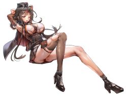 Rule 34 | 1girl, ahoge, armpits, arms behind head, ass, belt, blunt bangs, blush, braid, breasts, brown gloves, brown hair, brown socks, buckle, cleavage, cloak, damaged, dsr-50 (girls&#039; frontline), elbow gloves, fang, girls&#039; frontline, gloves, hair ornament, hat, high heels, highres, large breasts, long hair, looking at viewer, muloli, necktie, one eye closed, pouch, red eyes, sidelocks, simple background, single sock, single thighhigh, sitting, skindentation, skirt, smile, socks, solo, strap, taut clothes, thigh strap, thighhighs, thighs, torn clothes, torn legwear, underboob, underbust, very long hair, white background