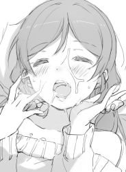 Rule 34 | 10s, 1girl, ^ ^, bare shoulders, closed eyes, collarbone, cum, cum string, duke (inu daimyou), closed eyes, facial, greyscale, hair ornament, hair scrunchie, hands up, heavy breathing, long hair, long sleeves, love live!, love live! school idol project, monochrome, off-shoulder, off-shoulder sweater, off shoulder, open mouth, scrunchie, sketch, solo, sweater, tongue, tojo nozomi, twintails, upper body