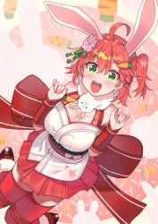 Rule 34 | 1girl, absurdres, ahoge, animal ears, armband, arms up, bare shoulders, belt, belt buckle, blush, breasts, buckle, carrot, carrot hair ornament, cherry blossoms, cleavage, cleavage cutout, clothing cutout, detached sleeves, fake animal ears, flower, food-themed hair ornament, green eyes, hair between eyes, hair flower, hair ornament, highres, hololive, large breasts, looking at viewer, nontraditional miko, open mouth, pink skirt, pink thighhighs, rabbit ears, rabbit girl, sakura miko, sakura miko (old design), scarf, simple background, skirt, solo, teeth, thighhighs, tonarikeru, upper teeth only, virtual youtuber