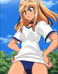 Rule 34 | 1girl, bare legs, blonde hair, blue buruma, blue sky, breasts, buruma, bush, dark skin, fingernails, futaba lili ramses, green eyes, gym uniform, hair ribbon, hands on own hips, highres, lilith-soft, lips, looking down, ribbon, screencap, shiny skin, sky, small breasts, tentacle and witches, third-party edit, tsundere, twintails, wide hips