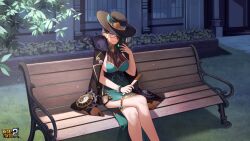 Rule 34 | 1girl, bench, benghuai xueyuan, bracelet, breasts, brown hair, cat, china dress, chinese clothes, copyright name, dress, evil smile, folding fan, glass, green dress, hand fan, hat, highres, holding, holding fan, honkai (series), jacket, jewelry, large breasts, mole, mole on breast, official art, on bench, open clothes, open jacket, second-party source, sideboob, sitting, slit pupils, smile, tassel, wu jingfei (benghuai xueyuan), yellow eyes, yin yang