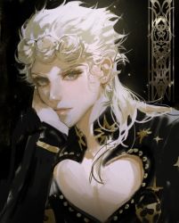 Rule 34 | 1boy, blonde hair, dark background, earrings, giorno giovanna, gold trim, hair rings, hand on own cheek, hand on own face, hand up, highres, jewelry, jojo no kimyou na bouken, long hair, looking at viewer, male focus, simple background, solo, upper body, vento aureo, vlfdus 0