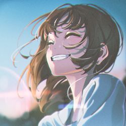 Rule 34 | 1girl, absurdres, blouse, blue sky, brown hair, closed mouth, face, film grain, highres, long hair, natsume hinako, original, shirt, sky, smile, solo, white shirt, wind