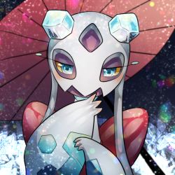Rule 34 | back bow, bad id, bad pixiv id, blue eyes, blush, bow, colored sclera, creatures (company), crystal, eyeshadow, froslass, game freak, gen 4 pokemon, half-closed eyes, hands up, ice, looking at viewer, makeup, nintendo, no humans, oil-paper umbrella, pokemon, pokemon (creature), red bow, sash, solo, straight-on, umbrella, yellow sclera, yukifuri tsuyu