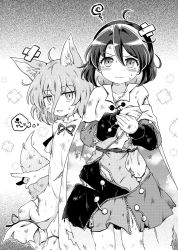 Rule 34 | 2girls, ahoge, animal ears, bag, breasts, cape, cloak, closed mouth, commentary request, dress, fox ears, fox girl, fox tail, greyscale, highres, kudamaki tsukasa, long sleeves, looking at viewer, mandarin collar, monochrome, multicolored clothes, multicolored dress, multiple girls, open clothes, open mouth, patchwork clothes, pote (ptkan), romper, sash, short hair, short sleeves, sky print, small breasts, standing, sweatdrop, tail, tenkyuu chimata, torn clothes, touhou, unzipped, wavy mouth, white romper