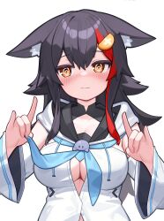 Rule 34 | 1girl, @ @, animal ears, black hair, blue neckerchief, blush, breasts, cleavage, commentary request, cosplay, deaver, detached sleeves, double fox shadow puppet, ears down, fox shadow puppet, hair between eyes, hair ornament, hairclip, highres, hololive, hood, hoodie, long hair, looking at viewer, medium breasts, multicolored hair, neckerchief, ookami mio, red hair, shirakami fubuki, shirakami fubuki (1st costume), shirakami fubuki (cosplay), sidelocks, simple background, solo, streaked hair, virtual youtuber, wavy mouth, white background, white hoodie, wolf ears, wolf girl, yellow eyes