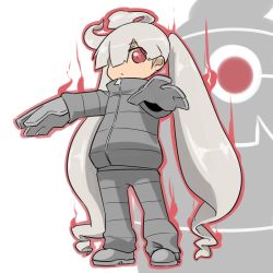 Rule 34 | 1girl, :&lt;, ahoge, boots, creatures (company), drill hair, dual persona, dusclops, fukurou (owl222), game freak, gen 3 pokemon, gloves, hair over one eye, hood, hoodie, long hair, looking at viewer, nintendo, outstretched arms, personification, pokemon, simple background, solo, track suit, twin drills, twintails, very long hair, white background, zipper, zombie pose