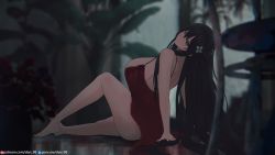 Rule 34 | 1girl, arm support, artist name, azur lane, bare arms, bare legs, bare shoulders, barefoot, black hair, blurry, blurry background, breasts, closed mouth, dan-98, depth of field, flower, from behind, full body, green eyes, hair flower, hair ornament, highres, huge breasts, indomitable (azur lane), indoors, knee up, leaning back, lingerie, long hair, looking at viewer, looking back, negligee, no panties, on floor, outdoors, reflective floor, sideboob, sitting, smile, solo, underwear, very long hair, white flower