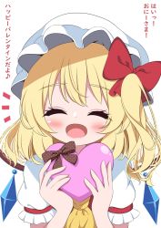 Rule 34 | 1girl, ascot, blonde hair, blush, bow, box, crystal, flandre scarlet, g4ku, gift, hair bow, hands up, happy, hat, heart-shaped box, highres, holding, holding box, holding gift, long hair, mob cap, one side up, open mouth, puffy short sleeves, puffy sleeves, red bow, red vest, short sleeves, smile, solo, touhou, translation request, upper body, valentine, vest, white hat, wings, yellow ascot