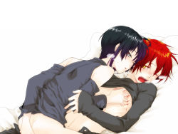 Rule 34 | 2boys, bed, bitte, black hair, blood, blush, breath, clothes lift, detached sleeves, dominant uke, grey eyes, lying, male focus, multiple boys, on back, open mouth, red hair, riding, saliva, scratching, shirt lift, wince, yaoi, yellow eyes