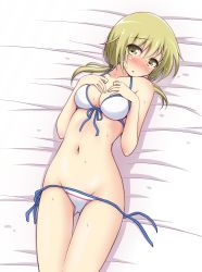 Rule 34 | 1girl, bare shoulders, blonde hair, blush, breasts, ichii yui, looking at viewer, navel, open mouth, short hair, solo, swimsuit, twintails, yuyushiki