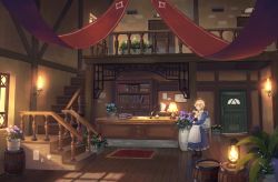 Rule 34 | 1girl, ahoge, apron, barrel, bell, black footwear, blonde hair, blunt bangs, book, book stack, bookshelf, boots, bow, bowtie, carpet, closed mouth, commentary request, counter, day, door, drawer, dress, flower, frilled dress, frills, highres, holding, holding book, indoors, jing (jiunn1985matw), lamp, lantern, looking at viewer, maid, maid apron, original, paper, plant, pointy ears, potted plant, quill, railing, scenery, short hair, sidelocks, sign, smile, solo, stairs, standing, sunlight, window, yellow bow, yellow bowtie