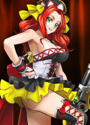 Rule 34 | 1girl, bare shoulders, breasts, cleavage, frilled skirt, frills, green eyes, gun, hand on own hip, haruyama kazunori, hat, kouryuuji mii, large breasts, long hair, looking at viewer, project x zone, red hair, skirt, smile, solo, thighhighs, weapon