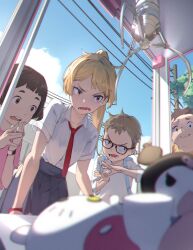 Rule 34 | 2boys, 2girls, backpack, bag, black-framed eyewear, blonde hair, blue sky, blurry, blurry foreground, bracelet, brown eyes, brown hair, cloud, collared shirt, commentary, crane game, english commentary, fang, finger to own chin, from below, glasses, high ponytail, highres, jewelry, long hair, multiple boys, multiple girls, necktie, open mouth, original, pleated skirt, power lines, red necktie, seuhyo99, shirt, shirt tucked in, short hair, short sleeves, skirt, sky, smile, stuffed animal, stuffed toy, t-shirt, tree, utility pole, watch, white shirt