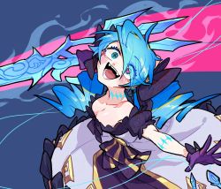 Rule 34 | 1girl, :d, bare shoulders, black bow, black bowtie, black dress, bow, bowtie, breasts, cleavage, collarbone, crazy smile, dress, drill hair, eyes visible through hair, fangs, gloves, grey dress, gwen (league of legends), hair bow, highres, holding, holding weapon, league of legends, long hair, medium breasts, open mouth, oversized object, pink background, puffy short sleeves, puffy sleeves, purple gloves, scar, scissors, short sleeves, smile, solo, tongue, twin drills, twintails, weapon, ztdlb