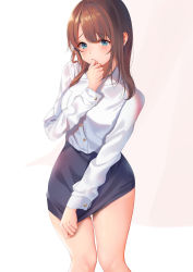 Rule 34 | 1girl, black skirt, blue eyes, blush, breasts, brown hair, buttons, closed mouth, collared shirt, commentary request, covering privates, covering crotch, dress shirt, embarrassed, feet out of frame, formal, hair between eyes, hand to own mouth, hand up, highres, inushima, long hair, long sleeves, looking at viewer, medium breasts, miniskirt, office lady, original, pencil skirt, shirt, shirt tucked in, skirt, skirt suit, skirt tug, solo, standing, suit, teacher, thighs, white background, white shirt, wing collar