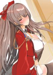 Rule 34 | 1girl, absurdres, aiguillette, azur lane, blush, bow, breasts, brown hair, brown thighhighs, cleavage, glasses, gloves, hair between eyes, hair bow, highres, jacket, long hair, open clothes, open jacket, p.i.t.d, partially unbuttoned, red bow, red eyes, red jacket, shirt, solo, swiftsure (azur lane), thighhighs, very long hair, white gloves, white shirt