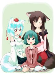 Rule 34 | 3girls, absurdres, aino-san (miximixi39), animal ears, bad id, bad pixiv id, bare shoulders, breasts, brooch, brown hair, collarbone, dress, closed eyes, fang, flat chest, green eyes, green hair, hat, highres, imaizumi kagerou, inubashiri momiji, jewelry, kasodani kyouko, long hair, looking at another, looking up, multiple girls, open mouth, pom pom (clothes), red eyes, short hair, silver hair, sitting, small breasts, tail, tokin hat, touhou, trait connection, v arms, wariza, wolf ears, wolf tail