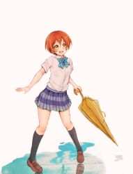 Rule 34 | 10s, 1girl, :d, closed umbrella, full body, highres, hoshizora rin, lilylion26, love live!, love live! school idol project, open mouth, orange hair, plaid, plaid skirt, puddle, school uniform, short hair, simple background, skirt, smile, socks, solo, umbrella, water, white background, yellow eyes