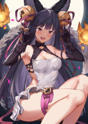 Rule 34 | 1girl, :d, animal ears, backless dress, backless outfit, bare shoulders, bell, black gloves, black hair, blush, breasts, cleavage, dress, elbow gloves, erune, fang, fox ears, fox shadow puppet, fox tail, fur trim, gloves, granblue fantasy, hair bell, hair ornament, hands up, jingle bell, long hair, looking at viewer, medium breasts, open mouth, red eyes, short dress, sitting, smile, solo, suzuame yatsumi, tail, very long hair, white dress, yuel (granblue fantasy)