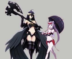 Rule 34 | 2girls, absurdres, albedo (overlord), alternate costume, armor, bikini armor, black hair, breasts, cleavage, colored skin, demon girl, demon horns, demon wings, full body, grey background, highres, horns, jewelry, large breasts, long hair, low wings, midriff, monster girl, multiple girls, navel, necklace, nora kaato, overlord (maruyama), pale skin, purple hair, red eyes, scythe, shalltear bloodfallen, simple background, small breasts, umbrella, undead, vampire, very long hair, white skin, wings, yellow eyes
