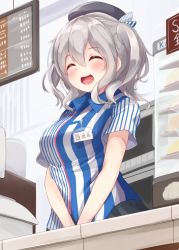Rule 34 | 10s, 1girl, :d, ^ ^, black skirt, blush, clerk, closed eyes, convenience store, employee uniform, closed eyes, grey hair, hat, igayan, kantai collection, kashima (kancolle), lawson, name tag, open mouth, shop, short sleeves, skirt, smile, solo, striped, twintails, uniform