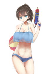 Rule 34 | 10s, 1girl, absurdres, alternate costume, ball, bare shoulders, beachball, blue eyes, breasts, brown hair, eyebrows, highres, huge breasts, kaga (kancolle), kantai collection, kumano (kancolle), navel, pocche-ex, see-through, see-through silhouette, simple background, solo, water gun, white background