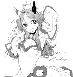 Rule 34 | 1girl, ahoge, arms up, blush, breasts, character name, cleavage, copano rickey (umamusume), detached sleeves, double bun, dress, fang, gi! (desukaru02518 u), greyscale, hair bun, hair intakes, heart, highres, holding own arm, horse, long hair, looking at viewer, monochrome, open mouth, outstretched arm, small breasts, smile, solo, strapless, strapless dress, twitter username, umamusume, upper body