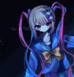 Rule 34 | 1girl, 4 (nn 1 zo), black background, blonde hair, blue bow, blue eyes, blue hair, blue shirt, blue skirt, bow, chouzetsusaikawa tenshi-chan, closed mouth, cowboy shot, hair bow, highres, long hair, long sleeves, looking at viewer, multicolored hair, needy girl overdose, pink bow, pink hair, pleated skirt, purple bow, quad tails, sailor collar, shirt, skirt, smile, solo, very long hair