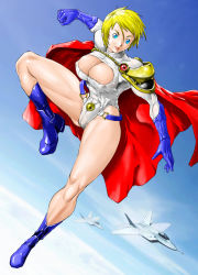 Rule 34 | 1girl, abs, aircraft, airplane, blonde hair, blue eyes, boots, breasts, cape, cleavage, cleavage cutout, clothing cutout, dc comics, covered erect nipples, female focus, gloves, jet, kryptonian, large breasts, leotard, muscular, power girl, red cape, shimotsuki juugo, short hair, sky, solo, thighs