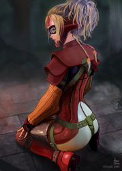 Rule 34 | 1girl, @ @, absurdres, andre borges, ass, back, blonde hair, bodysuit, braid, final fantasy, final fantasy x, goggles, green eyes, highres, looking at viewer, looking back, mask, nail polish, official alternate costume, parted lips, ponytail, rikku (ff10), seiza, short ponytail, sitting, solo, strap, twin braids, yellow nails