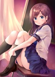 Rule 34 | 1girl, :o, ass, bad id, bad pixiv id, black socks, blouse, blue eyes, blue sailor collar, blue skirt, blush, brown footwear, brown hair, chalkboard, classroom, curtains, day, desk, dutch angle, from side, highres, hugging own legs, indoors, kneehighs, knees up, light particles, loafers, long hair, looking at viewer, looking to the side, miniskirt, original, parted lips, pasdar, pleated skirt, sailor collar, school desk, school uniform, serafuku, shirt, shoes, short sleeves, sitting, skirt, socks, solo, thighs, white shirt