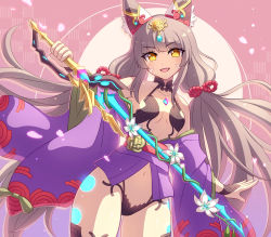 Rule 34 | 1girl, animal ears, catalyst scimitar, cosplay, enni, facial mark, fate/grand order, fate (series), japanese clothes, kimono, long hair, low twintails, nia (blade) (xenoblade), nia (xenoblade), open clothes, open kimono, purple kimono, revealing clothes, shuten douji (fate), silver hair, solo, sword, twintails, very long hair, weapon, xenoblade chronicles (series), xenoblade chronicles 2, yellow eyes