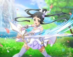 Rule 34 | 1girl, black hair, blurry, blurry background, brown eyes, day, detached sleeves, fingerless gloves, floating hair, flower, game cg, gloves, grey thighhighs, hair flower, hair ornament, holding, holding sword, holding weapon, long hair, long sleeves, miniskirt, open mouth, outdoors, petals, ponytail, purple flower, purple skirt, skirt, solo, sword, sword art online, thighhighs, v-shaped eyebrows, very long hair, weapon, white gloves, white sleeves, yui (sao), zettai ryouiki