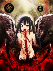 Rule 34 | 1girl, black hair, blood, brown eyes, bug, censored, claws, completely nude, convenient censoring, eyeball, fly, insect, k-on!, kaiga, long hair, nakano azusa, nazi, nude, parody, skull, slayer (band), solo, swastika, twintails, what, wings