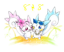Rule 34 | 1boy, 1girl, alternate color, blank eyes, blue eyes, blush stickers, flower, flower necklace, full body, gen 4 pokemon, holding hands, hand up, hands up, happy, jewelry, necklace, no humans, one eye closed, pachirisu, palm tree, pink eyes, pink flower, pokemon, pokemon (creature), sawarabi (sawarabi725), shiny pokemon, standing, sunglasses, tree, white background, wink, yellow flower