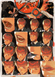 Rule 34 | bowl, bowl cut, character request, close-up, closed eyes, curry, eating, eyeshadow, food, highres, lips, long sleeves, makeup, mcmeao, open mouth, red theme, scene reference, sequential, shingeki no kyojin, soup, spoon, teeth, thick eyebrows