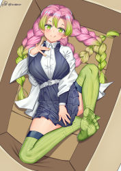 Rule 34 | 1girl, absurdres, artist name, belt, black coat, black skirt, blouse, blush, box, braid, breasts, buttons, coat, collared shirt, from above, full body, gradient hair, green eyes, green hair, green nails, green thighhighs, haori, highres, in box, in container, japanese clothes, kanroji mitsuri, kimetsu no yaiba, large breasts, licking lips, long hair, long sleeves, looking at viewer, miniskirt, mole, mole under eye, multicolored hair, nail polish, pink hair, pleated skirt, ribbed legwear, shirt, signature, skindentation, skirt, smile, solo, thighhighs, thighs, tongue, tongue out, tri braids, two-tone hair, uniform, white shirt, xiaoxi0619, zettai ryouiki