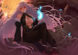 Rule 34 | 1girl, absurdres, arm support, black pantyhose, blue fire, breasts, cleavage cutout, clothing cutout, commentary request, crossed legs, detached sleeves, energy, fire, fur-trimmed sleeves, fur trim, glowing, glowing eyes, highres, kirou (kiruyuu1210), large breasts, long hair, looking at viewer, magic, original, pantyhose, pointy ears, red eyes, sitting, skeleton, smile, spider web print, undead, very long hair, white hair