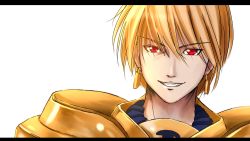Rule 34 | 1boy, 1girl, armor, blonde hair, chien zero, earrings, fate/stay night, fate (series), gilgamesh (fate), grin, hair down, jewelry, letterboxed, male focus, pauldrons, red eyes, shoulder armor, simple background, smile, solo, white background