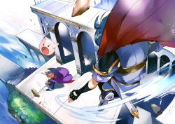 Rule 34 | 3boys, armor, blue eyes, blue hair, boots, building, cape, crossover, day, fighting stance, fingerless gloves, fire emblem, fire emblem: mystery of the emblem, fire emblem: the binding blade, gloves, headband, jumping, kirby, kirby (series), magic, male focus, marth (fire emblem), multiple boys, nintendo, noki (affabile), outdoors, red hair, rock, roy (fire emblem), shadow, sky, stairs, super smash bros., sword, wand, weapon