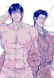 Rule 34 | 2boys, abs, black hair, corrupted twitter file, cowboy shot, facial hair, fushiguro touji, highres, jujutsu kaisen, large pectorals, looking at another, male focus, mature male, monochrome, multiple boys, muscular, muscular male, mustache stubble, navel, nipples, pants, pectorals, scar, scar on face, scar on mouth, seductive smile, shiu kong, short hair, sketch, smile, spirit, stomach, stubble, thick eyebrows, topless male, yngwh
