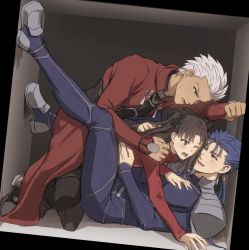 Rule 34 | 2boys, archer (fate), black bodysuit, black footwear, black pants, black ribbon, blue bodysuit, blue hair, blush, bodysuit, brown hair, brown legwear, commentary request, cu chulainn (fate), dark skin, dark-skinned male, earrings, fang, fate/stay night, fate (series), grey hair, hair ribbon, hand on another&#039;s chest, highres, jewelry, kneeling, cu chulainn (fate/stay night), legs up, long hair, looking at another, lying, mondi hl, multiple boys, on back, one eye closed, pants, ponytail, red eyes, red sweater, ribbon, sandwiched, shoes, short hair, smile, spiked hair, sweatdrop, sweater, tohsaka rin