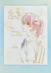 1girl absurdres alternate_hair_color backpack bag border brown_eyes deaf hearing_aid highres koe_no_katachi long_hair looking_at_viewer nishimiya_shouko nishiya_futoshi official_art painting_(medium) pink_hair ponytail school_uniform short_sleeves solo traditional_media translation_request watercolor_(medium)